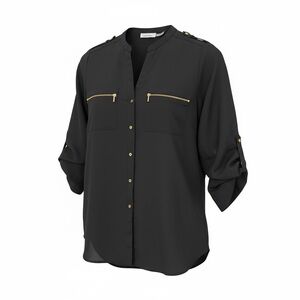 Calvin Klein Women's Button Blouse- Black w/ Gold Accents -M